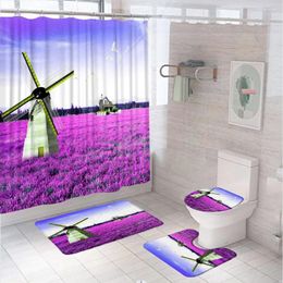 Shower Curtains Purple Lavender Windmill Curtain Set Non-Slip Rug Toilet Cover Bath Mat Rustic Flower Scenery Farmhouse Bathroom