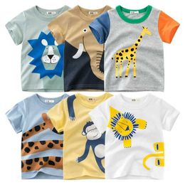 T-shirts 2024 Summer Childrens Clothing Boys and Girls Short sleeved T-shirt Top Childrens Dog Lion Giraffe Cartoon Animal Cotton Printed T-shirt d240525