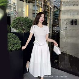 Women's Suits & Blazers Summer Fashionable Casual Tie Up Waist Drawn Pleated Short Sleeved T-shirtsplit Long Skirt Set