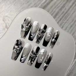 Party Favour 10Pcs Black Hand Drawn Flowers French Tip Nails Advanced Sense Coffin Press On Handmade Gift Full Cover