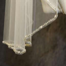 New Real Pictures White Ivory Champagne Wedding Veil Fingertip Length Beaded Edge Bridal Veil Pearls One Layer 026 268J