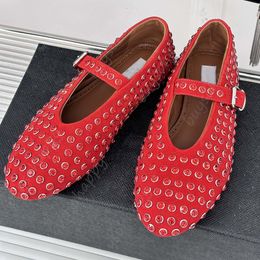 Hollow Mesh Shoes Designer Flats Ballet Mary Shoes Rhinestone Boat Shoes Metal Leather Fishnet Shoes Dress Shoes Summer Loafers 35-41