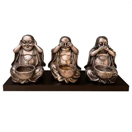 Candle Holders Art Craft Holder Office Tea Light Small Meditating Gift Home Decor Figurines Sitting No Hear See Speak Buddha Statue