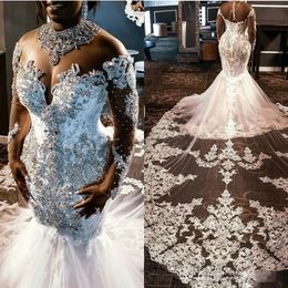 2020 Crystal Beaded African Mermaid Wedding Dresses with Illusion Long Sleeve Sheer High Neck Cathedral Train Princess Bridal Gowns 214Q