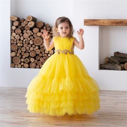 yellow Tulle princess Flower Girl Dresses luxury Lace 3D Floral Appliques Tiered Ruffles Girls Pageant Dress Kids Birthday Party Gowns First holy Communion Dress