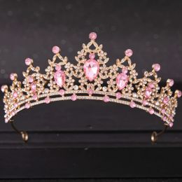 Pink Crystal Tiaras And Crowns For Women Bride Pink Rhinestone Prom Diadem Crown Tiara Bridal Wedding Hair Accessories Jewellery