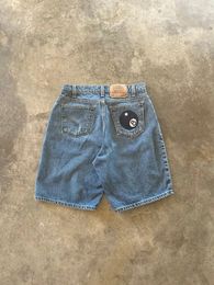 Summer Retro Street Pocket Embroidery Blue Denim Shorts Y2k Men and Women High Waisted Basketball Fashion Gym 240521