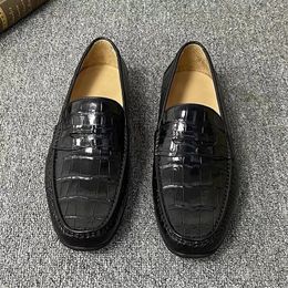 Casual Shoes Authentic Real Crocodile Skin Antiskid Sole Men's Black Soft Moccasins Genuine Alligator Leather Male Slip-on Flats