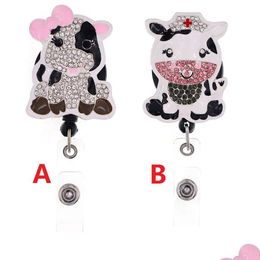 Key Rings Cute Ring Animal Cow Rhinestone Retractable Id Holder For Nurse Name Accessories Badge Reel With Alligator Clip Drop Deliv Dhbx3