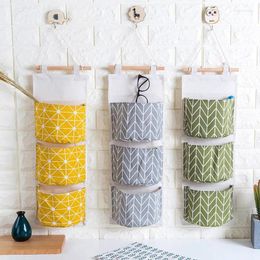 Storage Bags Bag Geometric Pattern Cotton Linen Hanging 3 Pockets Wall Mounted Wardrobe Hang Pouch Cosmetic Toys Organiser