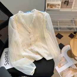 Women's Blouses 2024 Spring Korean Long Sleeved Lace Mesh Spliced Women V-neck Sweet Thin Knitted Cardigan Top Trendy