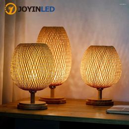 Table Lamps Modern Hand Knitted Weaving Bamboo Lamp Bedroom Bed Wood Rattan Lampshade Room Home Decor Art Desk Light