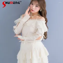 Women's Blouses Japanese Rojita Lace Edge Fairy Shiny Strap Shirt Off-Shoulder Blouse Off-the-Neck Design Sleeve Tie Bow Shirts Clothing
