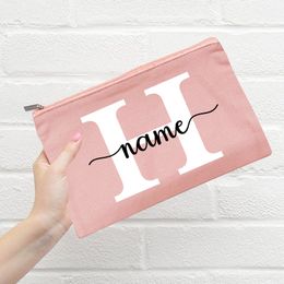 Personalised Name Women Makeup Bag Pink Canvas Cosmetic Cases Bridesmaid Handbag Custom Name Travel Outdoor Party Wedding Gifts