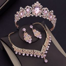 Luxury Pink Crystal Bridal Jewellery Sets for Women Tiaras Necklace Sets Girls Wedding Crown Combs Bride Jewellery