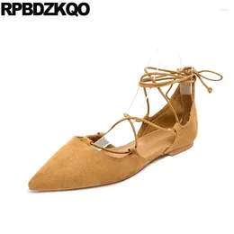 Casual Shoes 33 Strap Up 43 Flats Suede Sandals Women Roman Gladiator Tie Lace Plus Size Pointy Toe Comfy Spring Small Holiday Brown