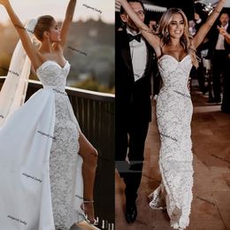 Schatz Meerjungfrau Brautkleider mit abnehmbarem Zug 2021 Spitzenflecken sexy Schlitz Country Beach Outdoor Braut Kleid Roben de Mariage 238z