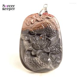 Pendant Necklaces Natural Picasso Jasper Fish Hand-carved Jade Necklace Animal Charm Jewelry Auspicious Gift For Men And Women BO677