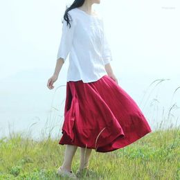 Skirts Women Cotton Linen Loose Elastic Waist Solid Color Retro Summer Autumn Vintage Casual Cute
