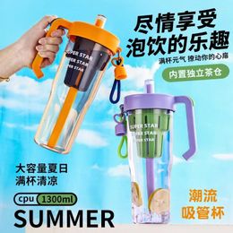 Water Bottles 1300ml Kawaii Large Capacity Cup With Straw For Girl Portable Handle Summer Milk Tea Plastic Bottle Botella De Agua