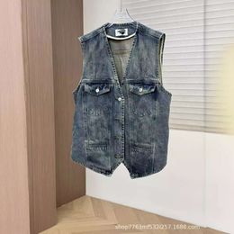 여자 조끼 mm24 봄/여름 틈새 시장 유행 V- 넥 워크웨어 Feng Shui Washed Looke Denim 조끼