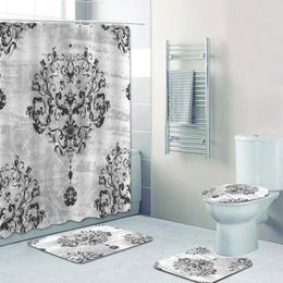 Shower Curtains Luxury Silver Grey Baroque Damask Floral Curtain Set For Bathroom Elegant Royal Flowers Bath Mats Toilet Home Decor Gift