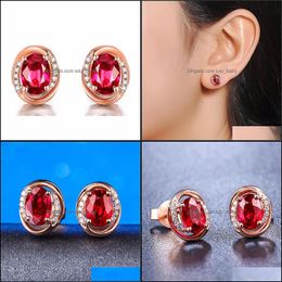 Stud Gold Earrings For Women Jewelry Accessories Oval Ruby Zircon Gemstone Wedding Party Gift Wholesale Drop Delivery Dhuuo