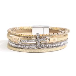 ALLYES Bohemian Rhinestone Cross Charm Leather Magnetic Bracelet Boho Layered Wrap Bracelets for Women Femme Jewellery bijoux