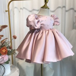 cute flower girl dresses jewel neck appliqued pearls beaded girl pageant gown cascading satin birthday gowns Little Girl Peageant Birthday Christening Dress Gowns