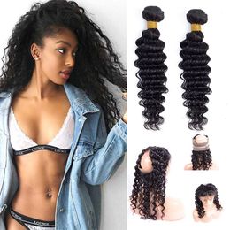 Malaysian Human Hair Natural Color 2 Bundles With 360 Lace Frontal 3 Pieces/lot Deep Wave Kdgnf