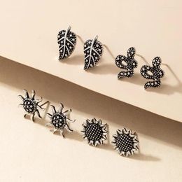 Stud Earrings 4pair/sets Punk Snake For Women Pretty Sunflowers Leaf Silver Color Retro Jewelry Accessories 17575