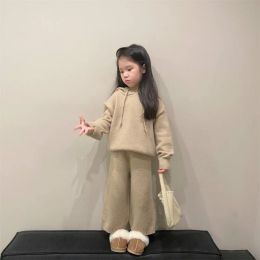 Korean Children's Sets Autumn Winter Girls Casual Sweater Set Hooded Knitted Coat and Pants Kids Two Piece Set Clothes