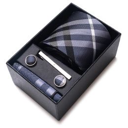 Luxury 8 cm 100% Silk Tie Pocket Squares Cufflink Set Necktie Box Blue Striped Wine Red Memorial Day Accessories Men Workplace
