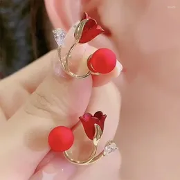 Stud Earrings Korean Earings Fashion Jewellery Red Flower Imitation Pearl Elegant Sweet Lovely For Women Gifts 2024