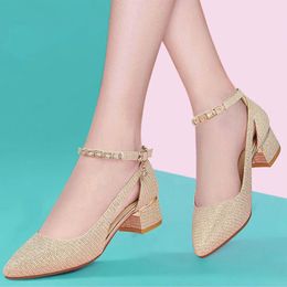 Sandals Pointed Toe Modern Women Spring And Summer Shallow Mouth Shoes Thick Heel Buckle Strap Metal Decoration Streetwear