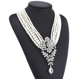 Women Chunky Crystal Rhinestone Bib Pendant Chandelier Imitation Pearl Beaded Layered Statement Wedding Necklace Jewelry Bridal 240514