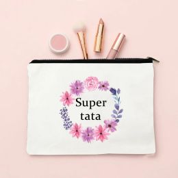 Super Tata Wreath Print Makeup Bag Women Neceser Cosmetic Bags Canvas Zipper Pouch Travel Toiletry Organiser Best Gifts for Tata