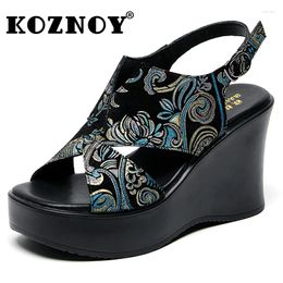 Sandals Koznoy 8cm Women Peep Toe Print Pigskin Suede Leather Slippers Summer High Heel Moccasins Mary Jane Platform Wedge Shoes