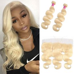 Malaysian 100% Human Hair 2 Bundles With 13X4 Lace Frontal With Baby Hair Pre Plucked 613# Blonde Body Wave Bundle With Frontal Ihkvk
