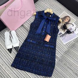 Basic & Casual Dresses designer brand Spring/summer New Miu Bow Tie A-line Skirt Hem Thick Tweed Celebrity Style Tank Top Dress L32Q