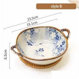 Dinnerware Sets 7.5Inch Japanese Household Noodle Bowl Ceramic Soup With Handle Salad Pasta Kitchen Tableware Microwave Oven Bakware D Dhbab