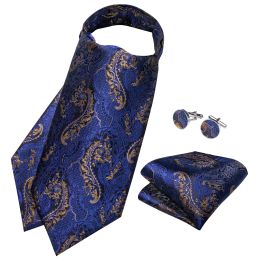 DiBanGu 100% Silk Blue Ascots Ties for Men Paisley Cravat for Man Wedding Jacquard Woven Mens Cravat Tie and Pocket Square Sets