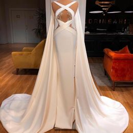 2021 New Mermaid Evening Dresses with Wrap Pearls Beaded Sexy Prom Gowns Pleats Satin robe de soiree 249s