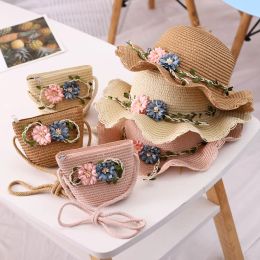 Summer Girls Baby Straw Hat Shoulder Bag Set Cute Floral Sun Bucket Hat Tote Bags 2pcs/Set Baby Travel Beach Sunshade Hat Gorros