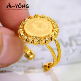 AYONG Turkish Gold Colour Coins Rings 18k Copper Gold Plated Adjustable Dubai African Saudi Arabia Women Wedding Party Jewellery