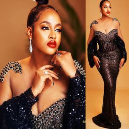 2021 Plus Size Arabic Aso Ebi Black Mermaid Sparkly Prom Dresses Beaded Sheer Neck Sexy Evening Formal Party Second Reception Bridesmai 266D