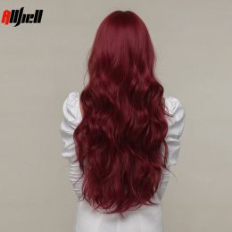 Long Wavy Wine Red Synthetic Wigs Natural Wave Afro Wigs With Bangs for Black Women Cosplay Costume Wig Heat Resistant Fibre