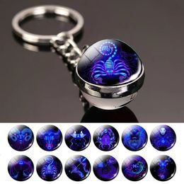 12 Key Chain Luminous Double Sided Glass Ball Pendant Zodiac Fashion Birthday Gift for Men and Women 240523