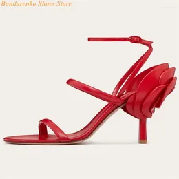 Dress Shoes Flower Decor Thin High Heel Sandals Round Toe Ankle Buckle Strap Red Black Silver Fashion 2024 Summer Women