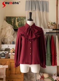 Women's Blouses Elegant Retro Lolita Wine Red Bow Shirt 2024 Spring Original Classical Inner Wear Long Sleeve Blouse Female Blusas Mujer
